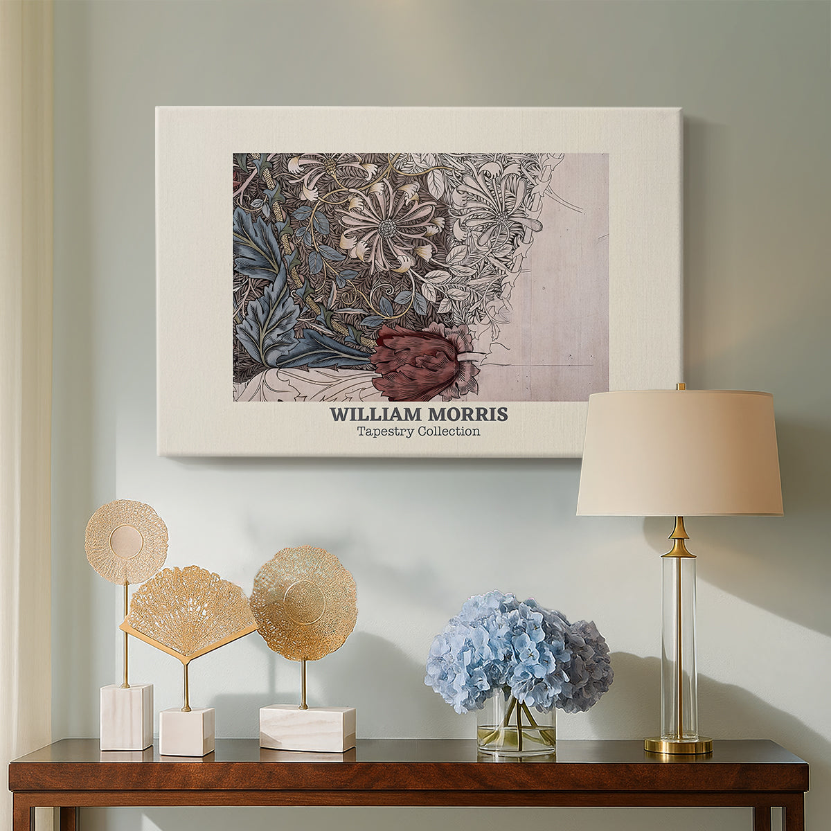 Canvas art print featuring a tapestry-style design with symmetrical botanical elements, displayed above a styled console table