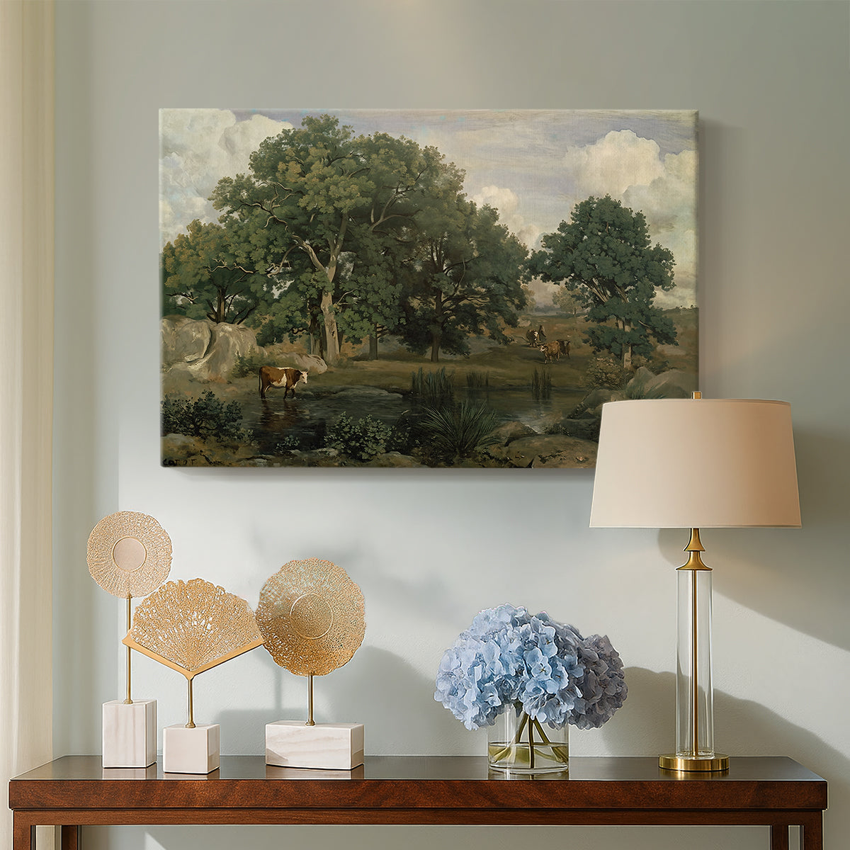 Canvas art print featuring a natural environment with trees and subtle depth, displayed above a styled console table