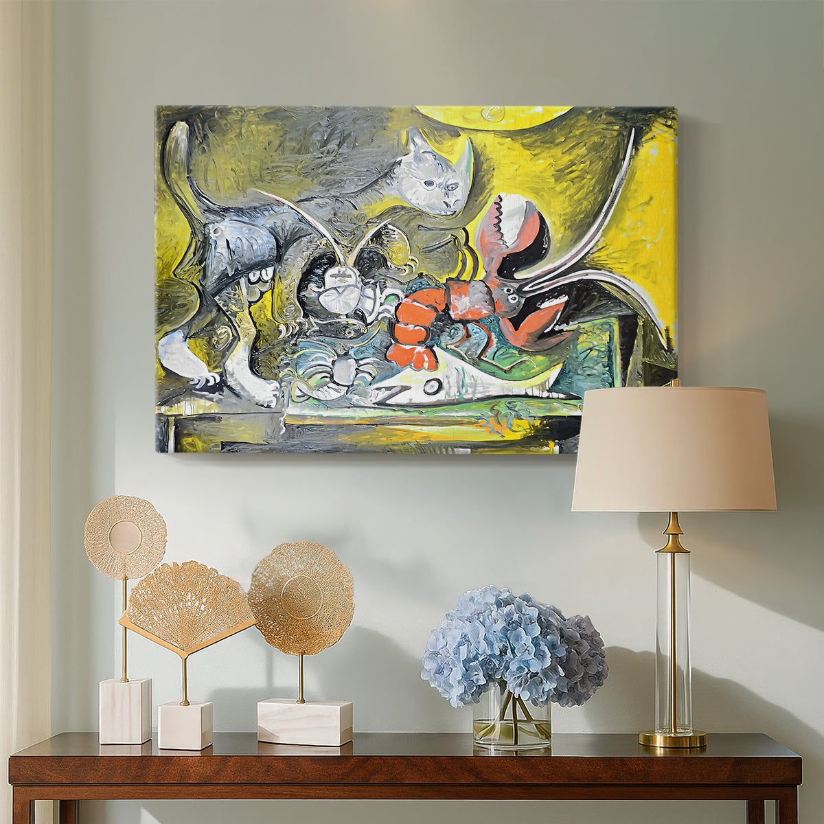 Canvas art print featuring an expressive arrangement of forms with organic and angular contrast, displayed above a styled console table
