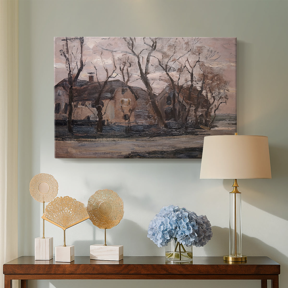 Canvas art print featuring a rural scene with structure and atmosphere, displayed above a styled console table