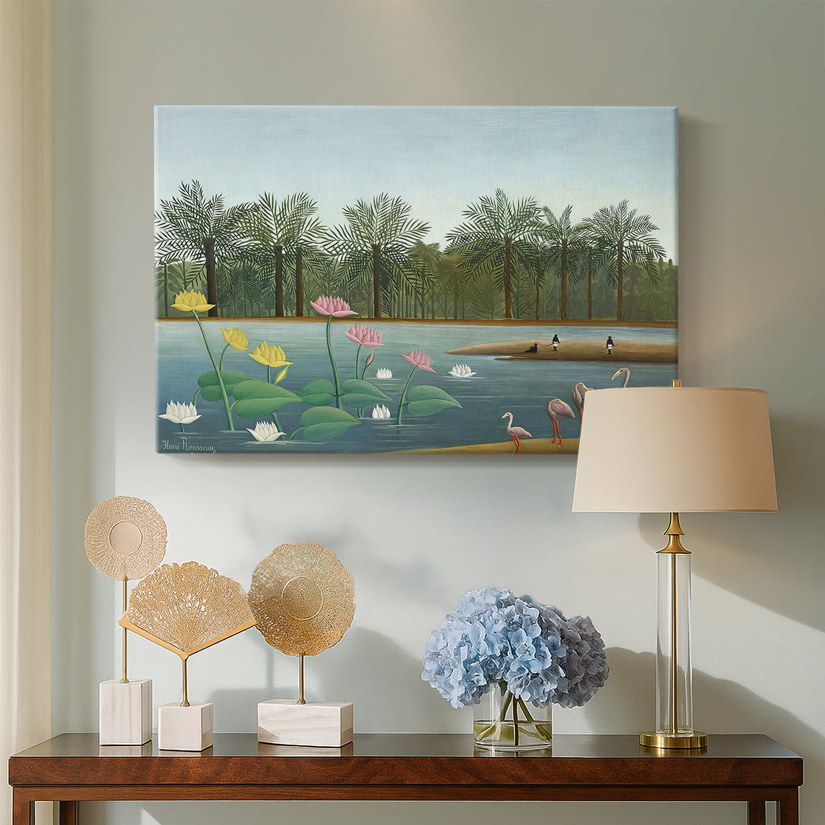 Canvas art print featuring a stylized composition of flamingos in natural setting, displayed above a styled console table