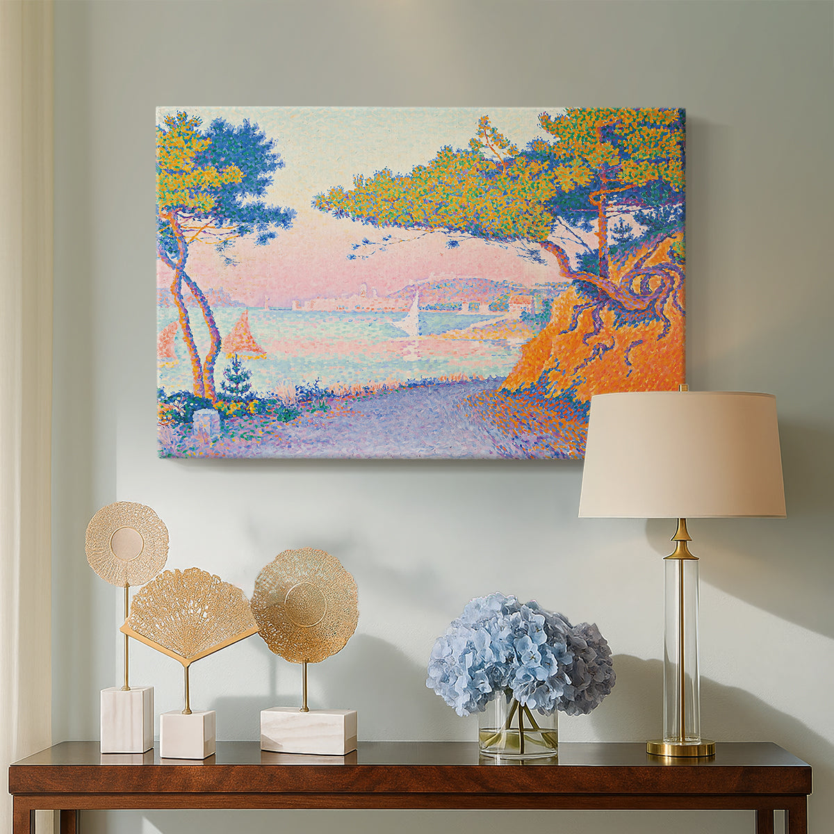 Canvas art print featuring a landscape with shoreline and open horizon, displayed above a styled console table