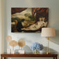 Canvas art print featuring a Renaissance composition of nude figure and lute player outdoors, displayed above a styled console table