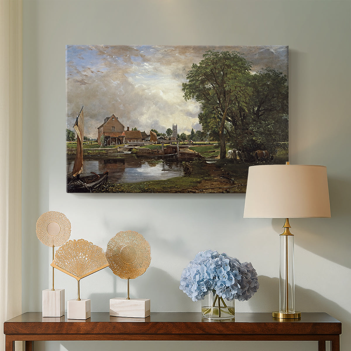 Canvas art print featuring a landscape combining architecture and nature, displayed above a styled console table