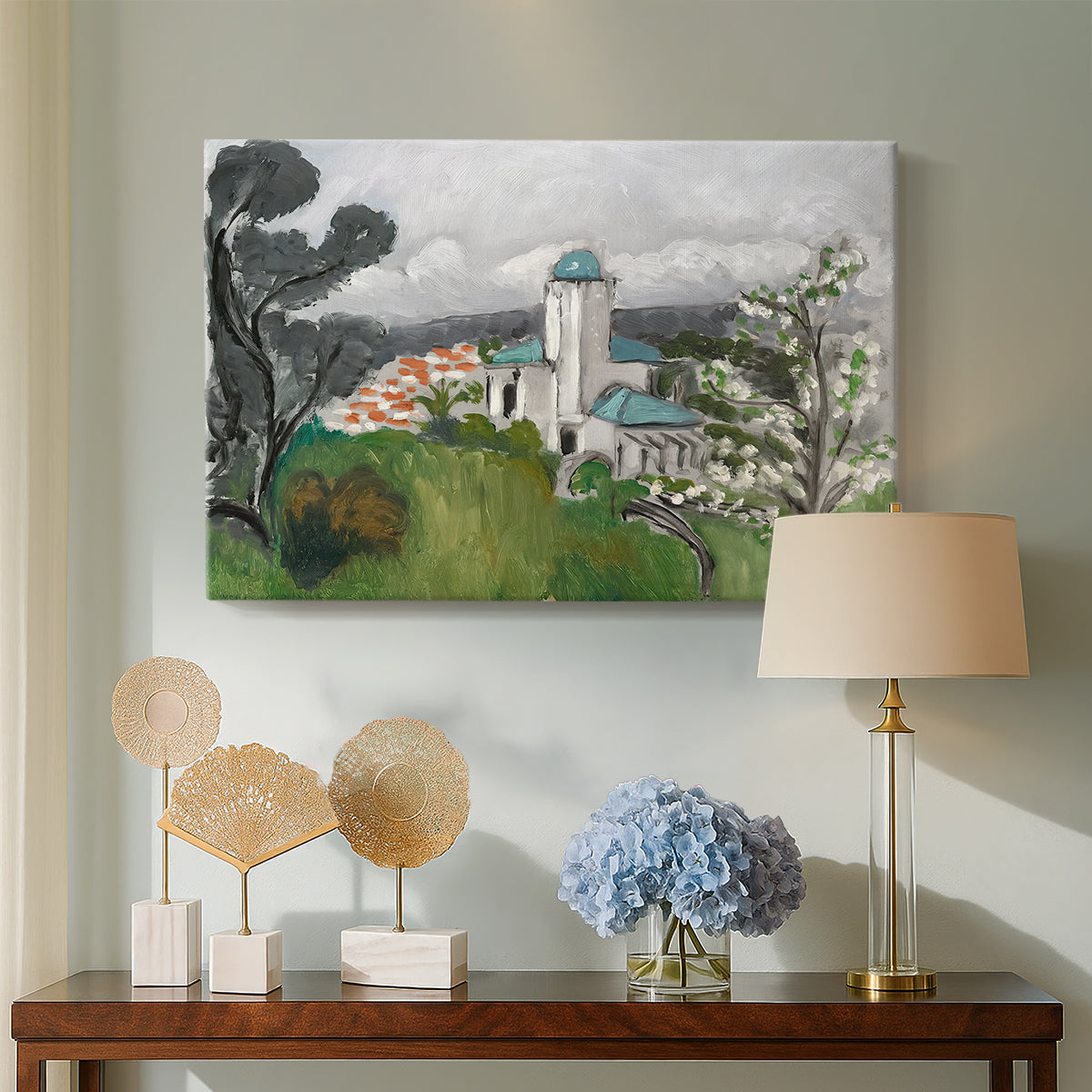 Canvas art print featuring a Fauvist architectural landscape with a blue house, displayed above a styled console table