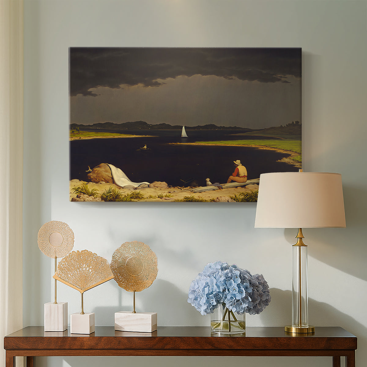 Canvas art print featuring a luminist landscape emphasizing tension, displayed above a styled console table