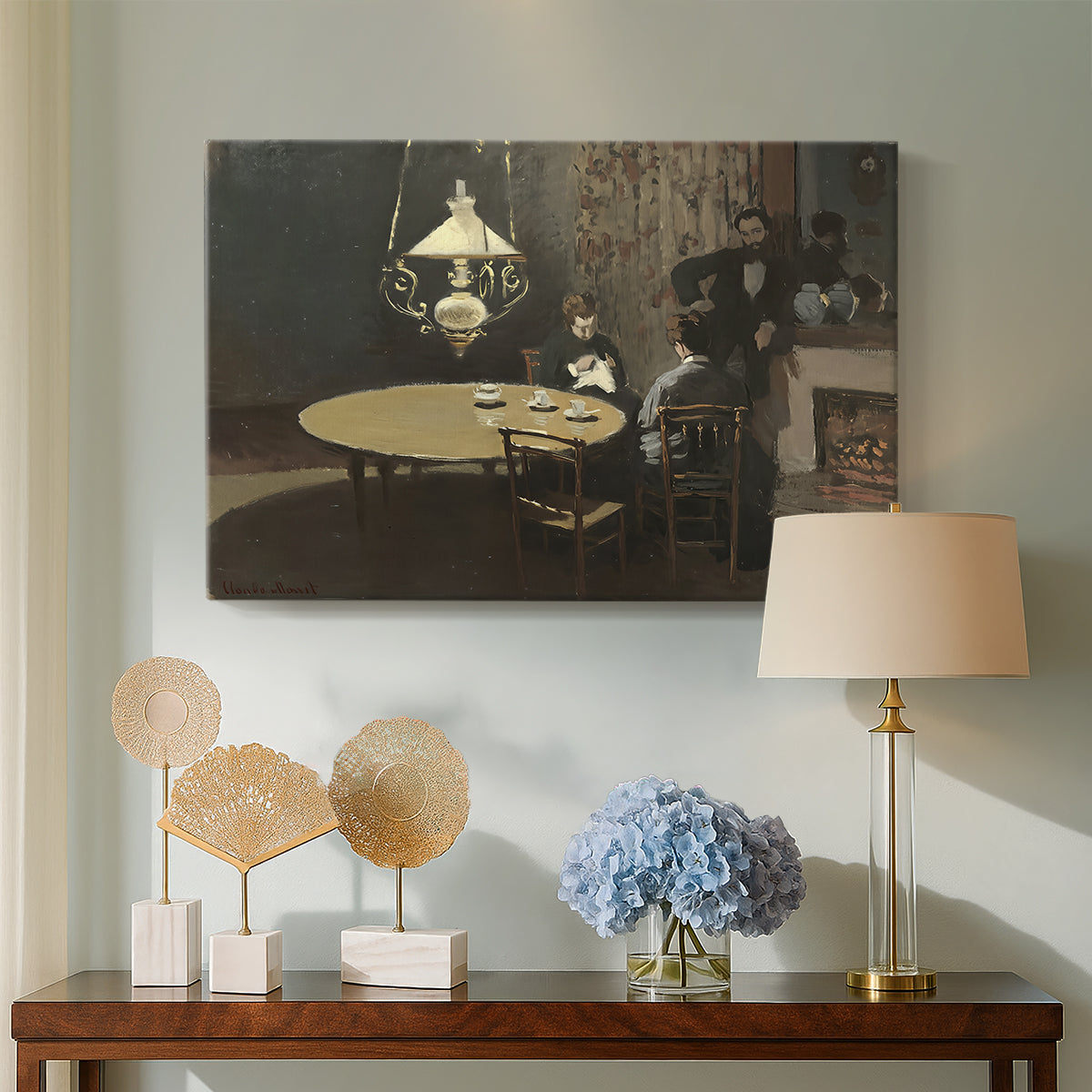 Canvas art print featuring an impressionist interior showing aftermath of dinner with soft light, displayed above a styled console table