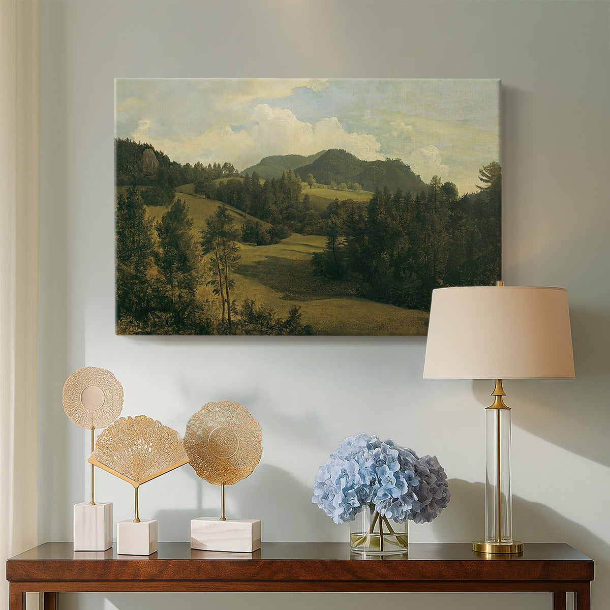 Canvas art print featuring a realistic landscape with depth, displayed above a styled console table