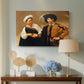 Canvas art print featuring a close interaction between two figures involving deception and gesture, displayed above a styled console table