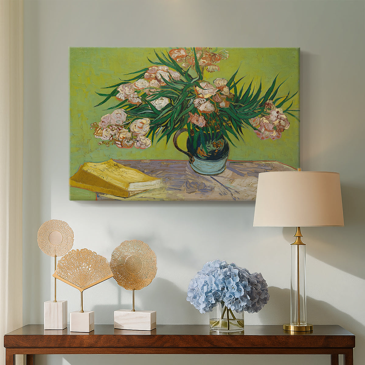 Canvas art print featuring a post-impressionist still life combining flowers and reading materials, displayed above a styled console table