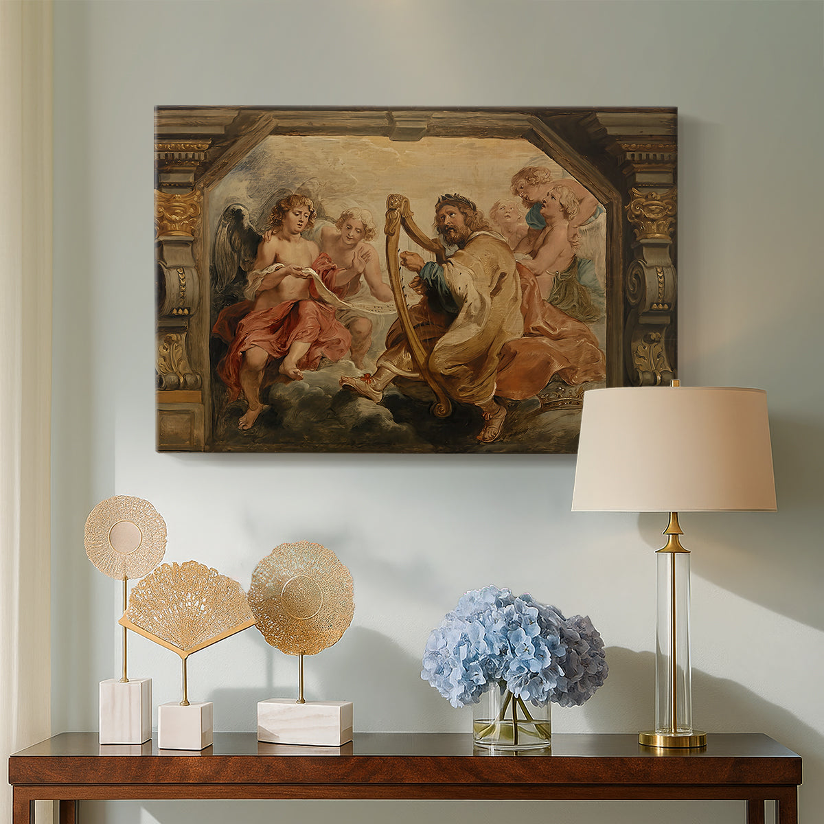Canvas art print featuring a Baroque interior composition, displayed above a styled console table
