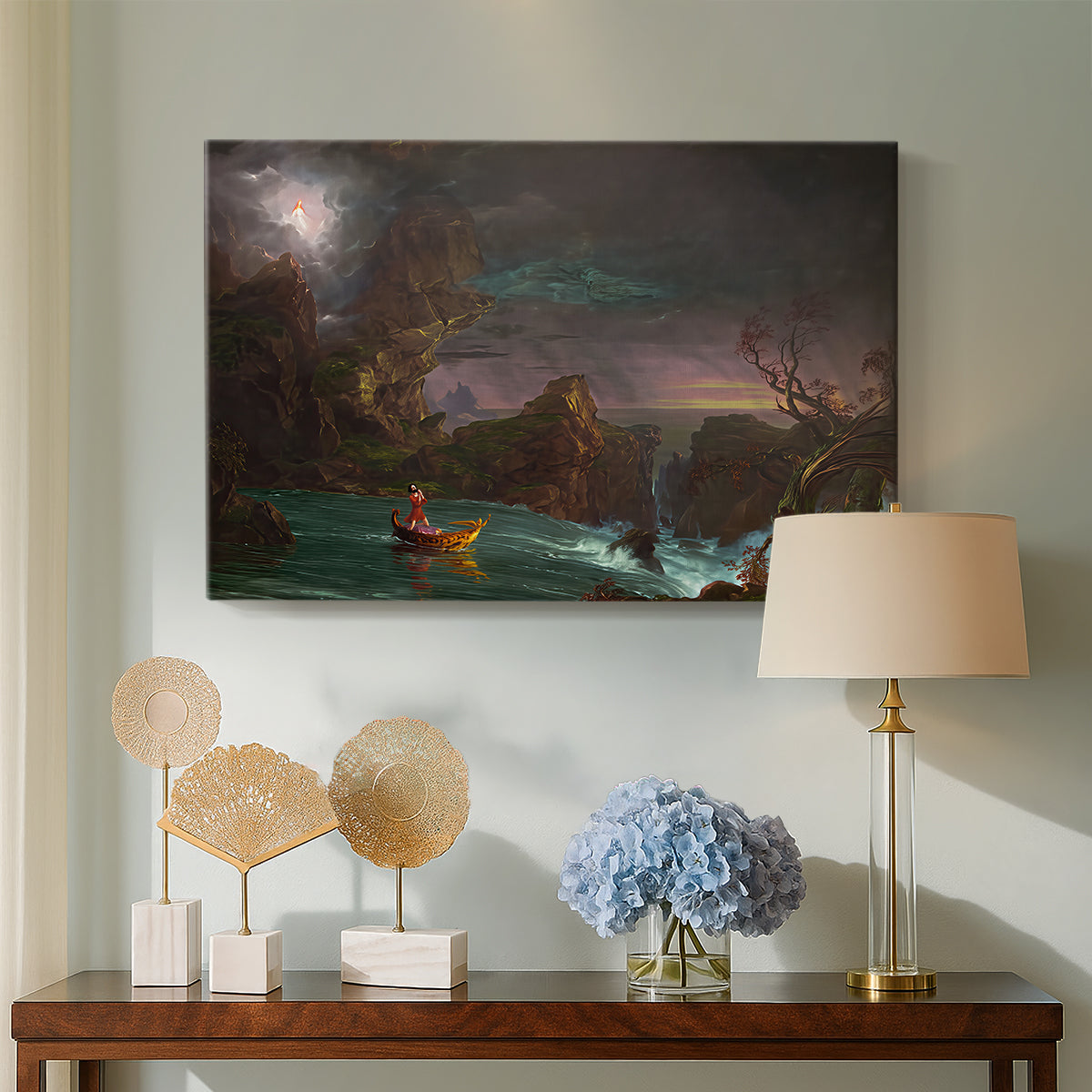 Canvas art print featuring a romantic composition emphasizing struggle and movement, displayed above a styled console table