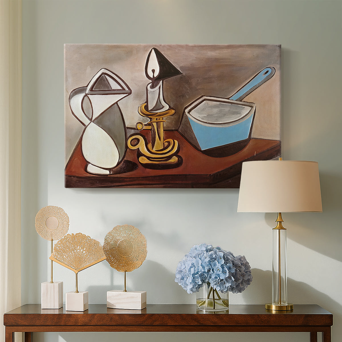 Canvas art print featuring an expressive arrangement of items, displayed above a styled console table