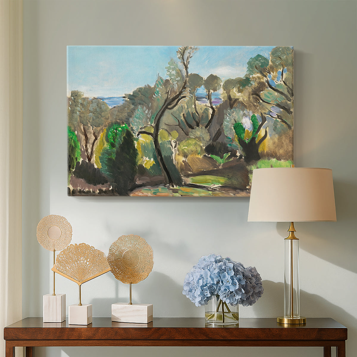 Canvas art print featuring a Fauvist landscape with simplified natural forms, displayed above a styled console table