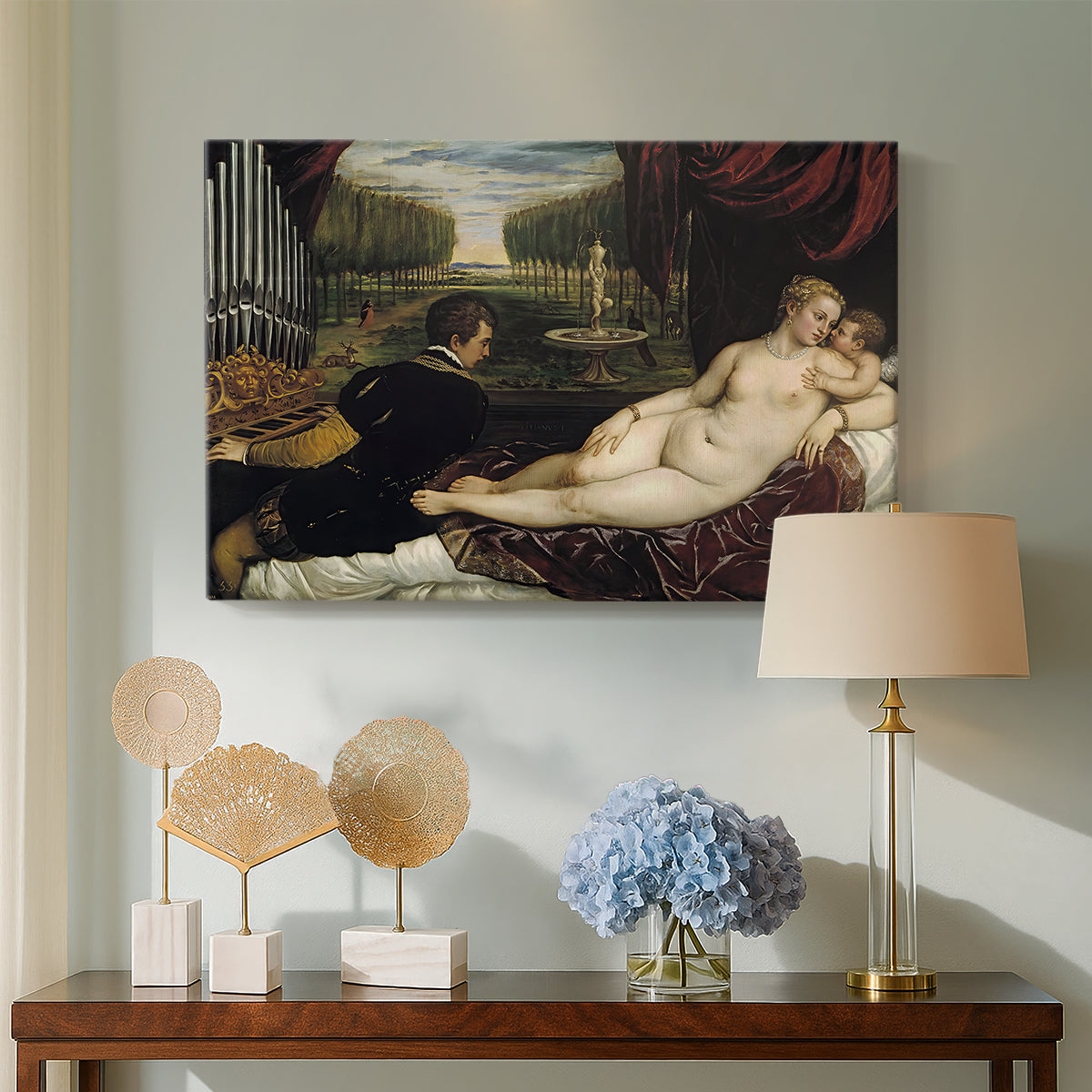 Canvas art print featuring a classical composition uniting sensual and mythological elements, displayed above a styled console table