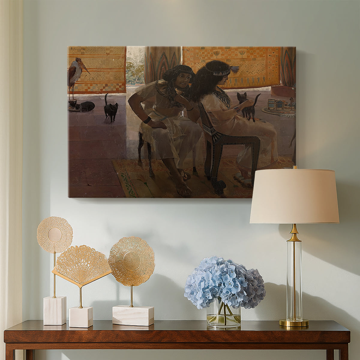 Canvas art print featuring a decorative composition with people in classical Egyptian attire, displayed above a styled console table