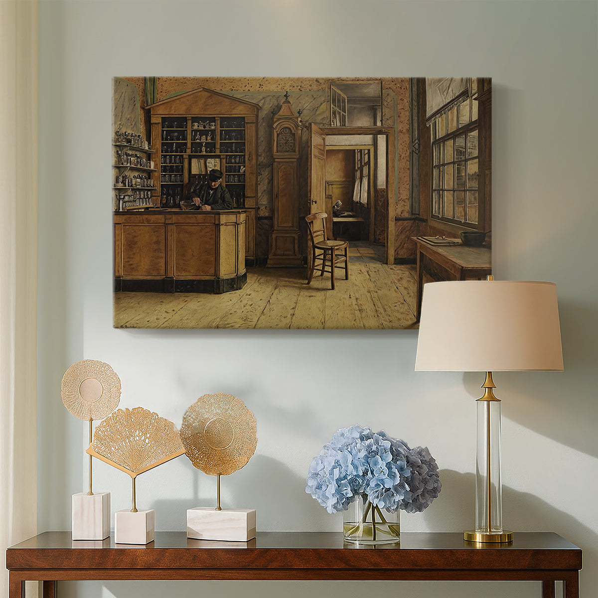 Canvas art print featuring a detailed room with wooden textures and figure near entrance, displayed above a styled console table