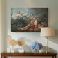 Canvas art print featuring a classical composition depicting interaction between figures in nature, displayed above a styled console table