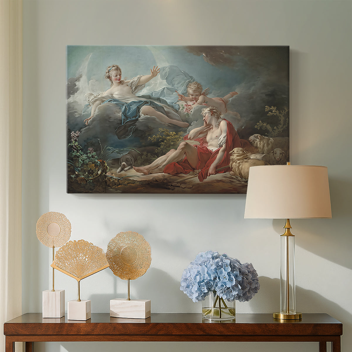 Canvas art print featuring a classical composition depicting interaction between figures in nature, displayed above a styled console table