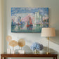 Canvas art print featuring a pointillist waterfront composition, displayed above a styled console table
