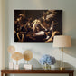 Canvas art print featuring a religious narrative showing violent attack on saint in crowded setting, displayed above a styled console table