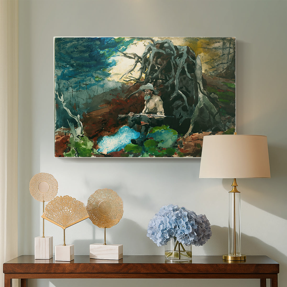 Canvas art print featuring an outdoor composition showing campsite within dense forest, displayed above a styled console table