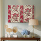 Canvas art print featuring a decorative composition featuring repeated botanical groupings, displayed above a styled console table
