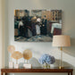 Canvas art print featuring an expressive interior with figures engaged in religious act, displayed above a styled console table