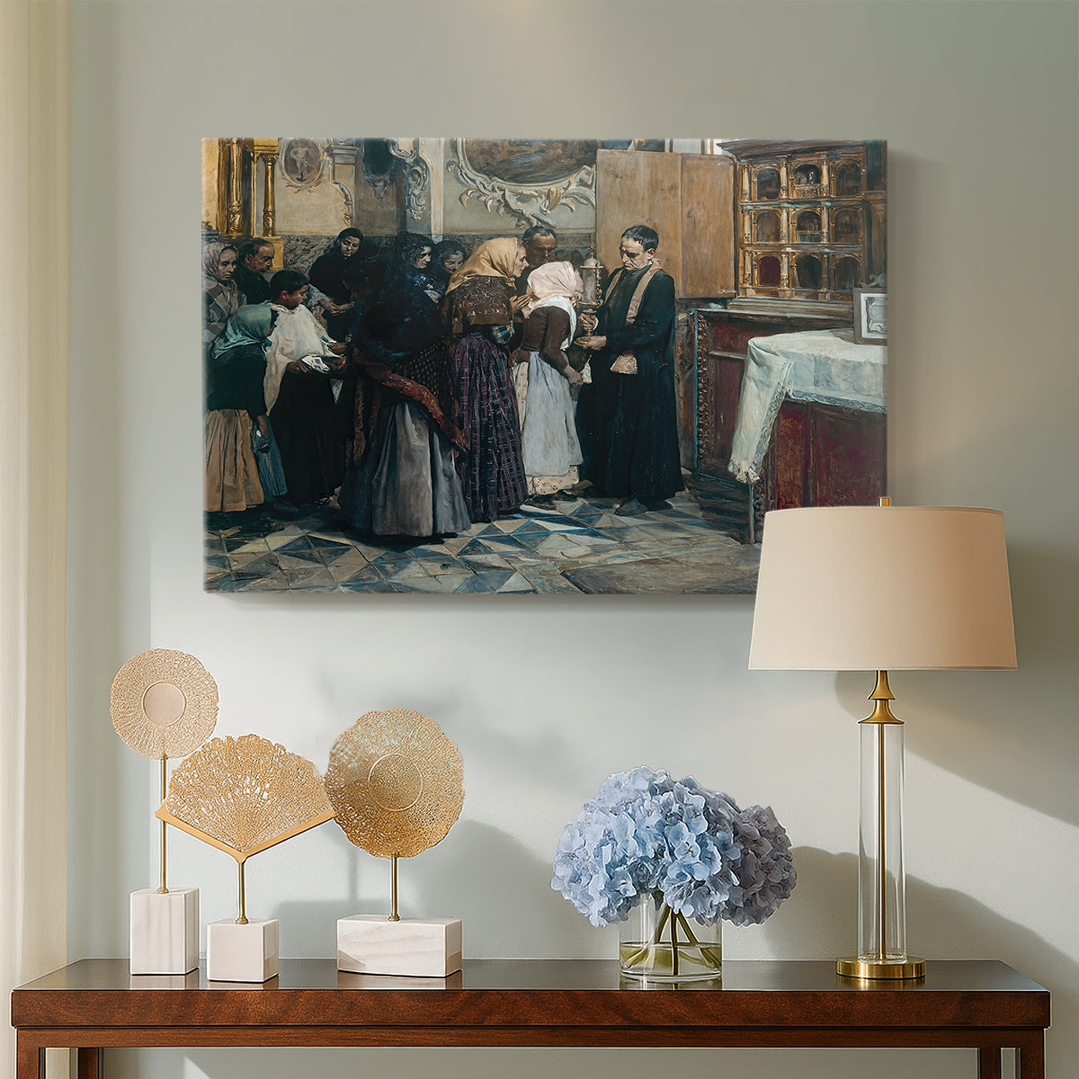 Canvas art print featuring an expressive interior with figures engaged in religious act, displayed above a styled console table