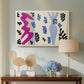 Canvas art print featuring an expressive abstract scene built from directional shapes, displayed above a styled console table