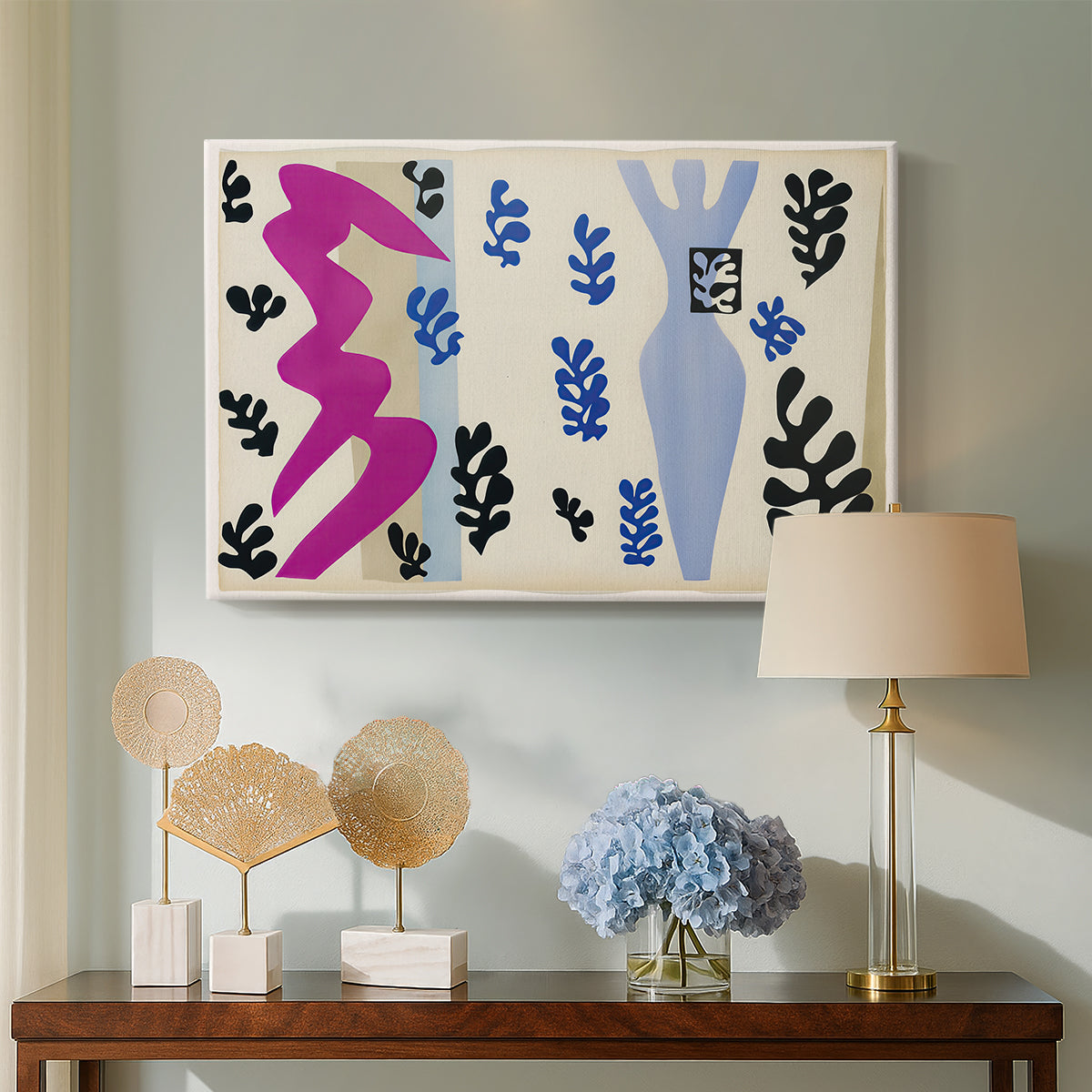 Canvas art print featuring an expressive abstract scene built from directional shapes, displayed above a styled console table