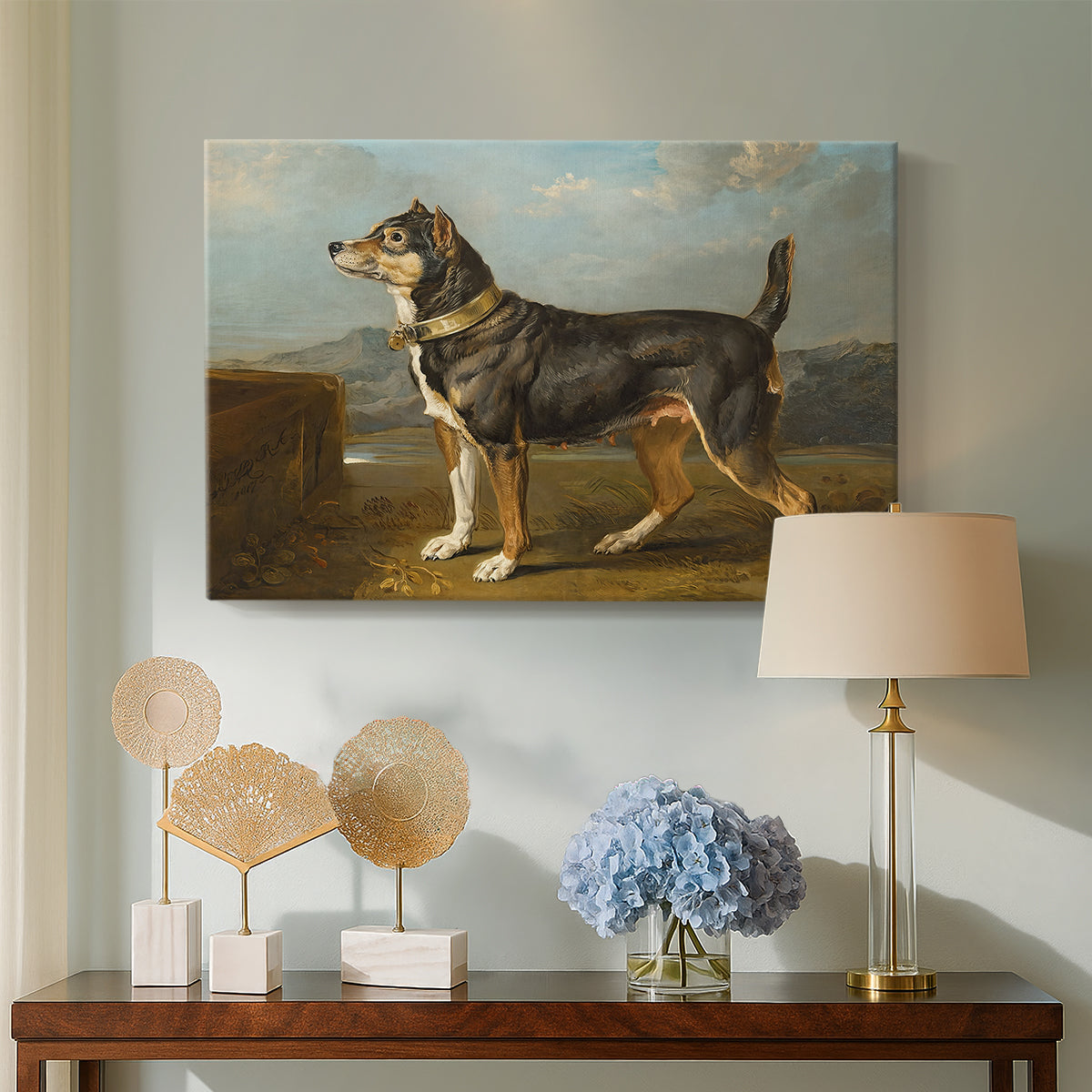 Canvas art print featuring an animal study of terrier in rural environment, displayed above a styled console table