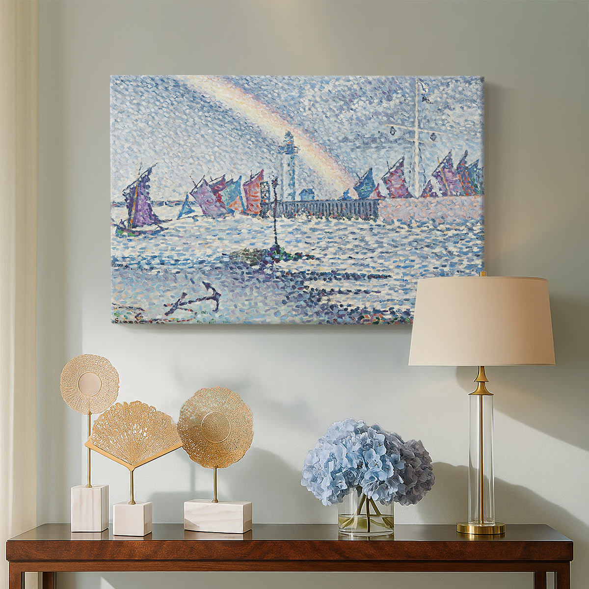 Canvas art print featuring a pointillist harbor entrance with shoreline, displayed above a styled console table