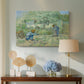 Canvas art print featuring a post-impressionist narrative scene with figures in field, displayed above a styled console table