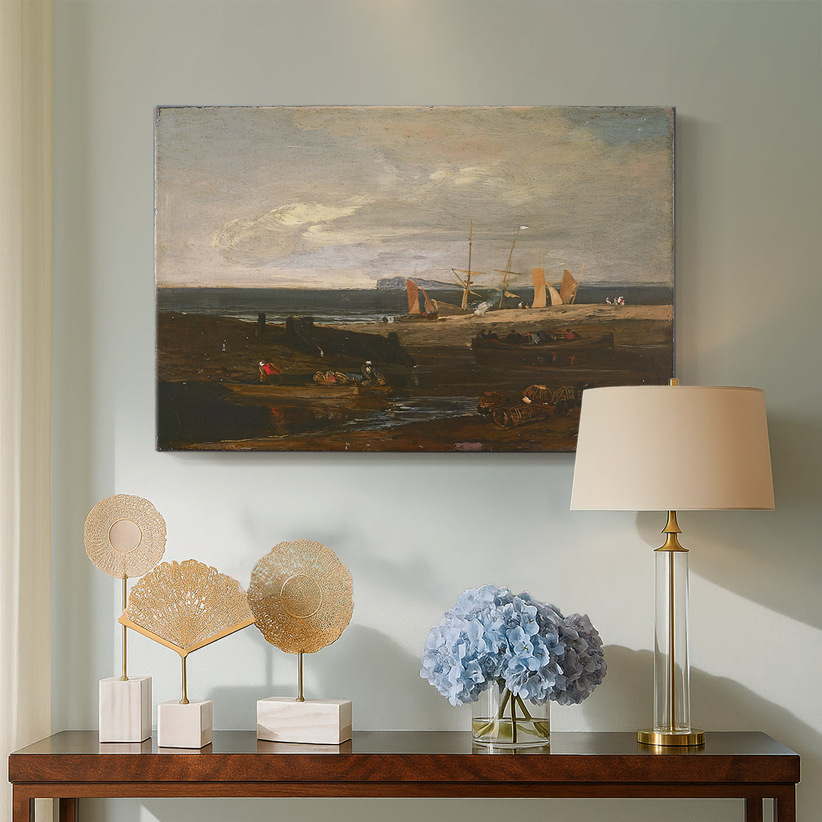Canvas art print featuring an atmospheric seaside composition, displayed above a styled console table