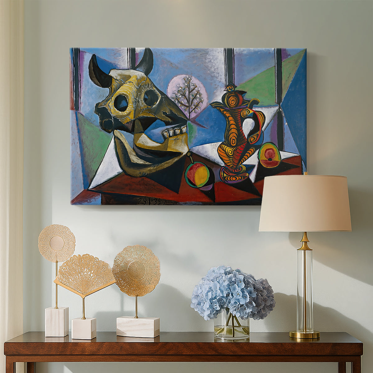 Canvas art print featuring an expressive composition with sharp planes, displayed above a styled console table