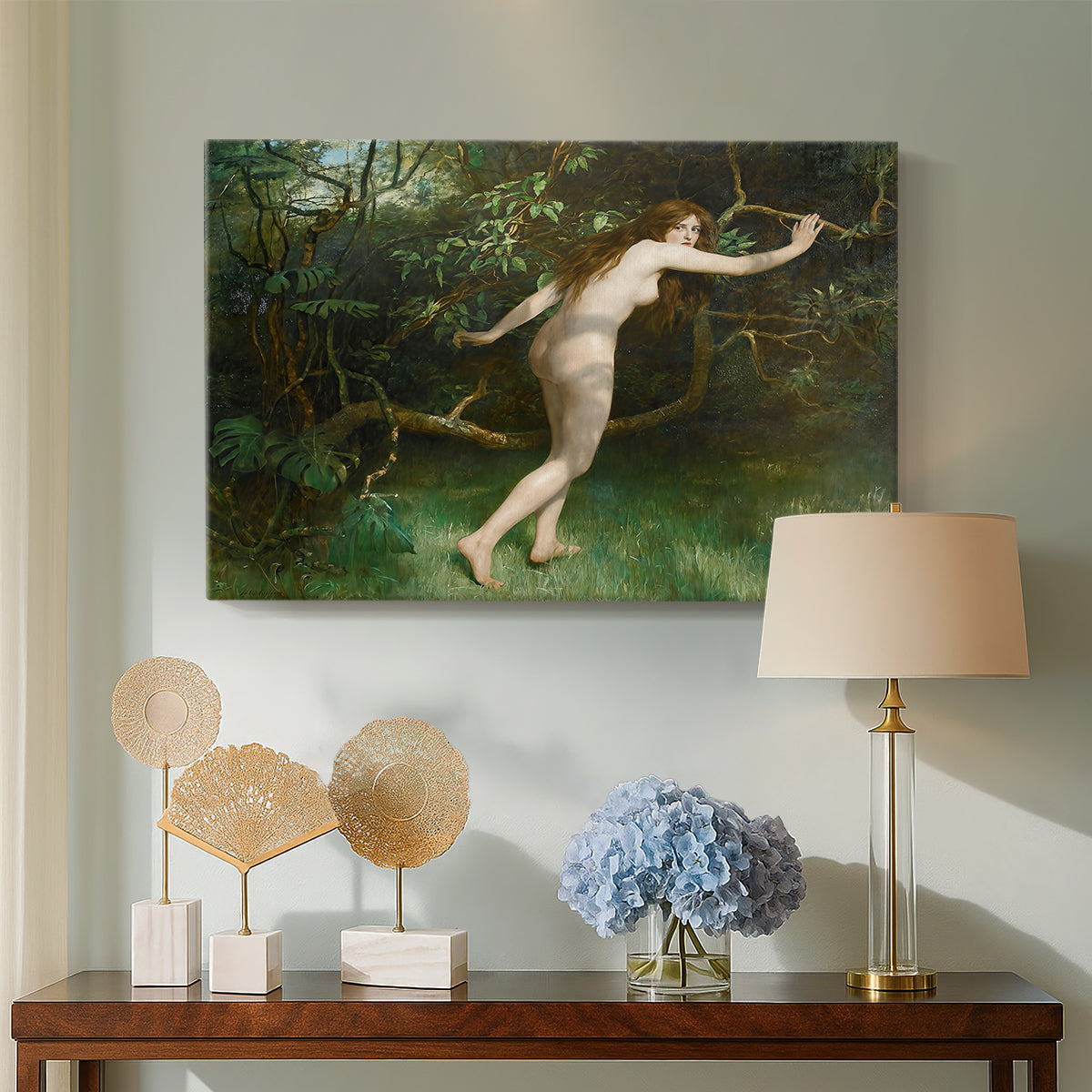 Canvas art print featuring an expressive figure study outdoors, displayed above a styled console table