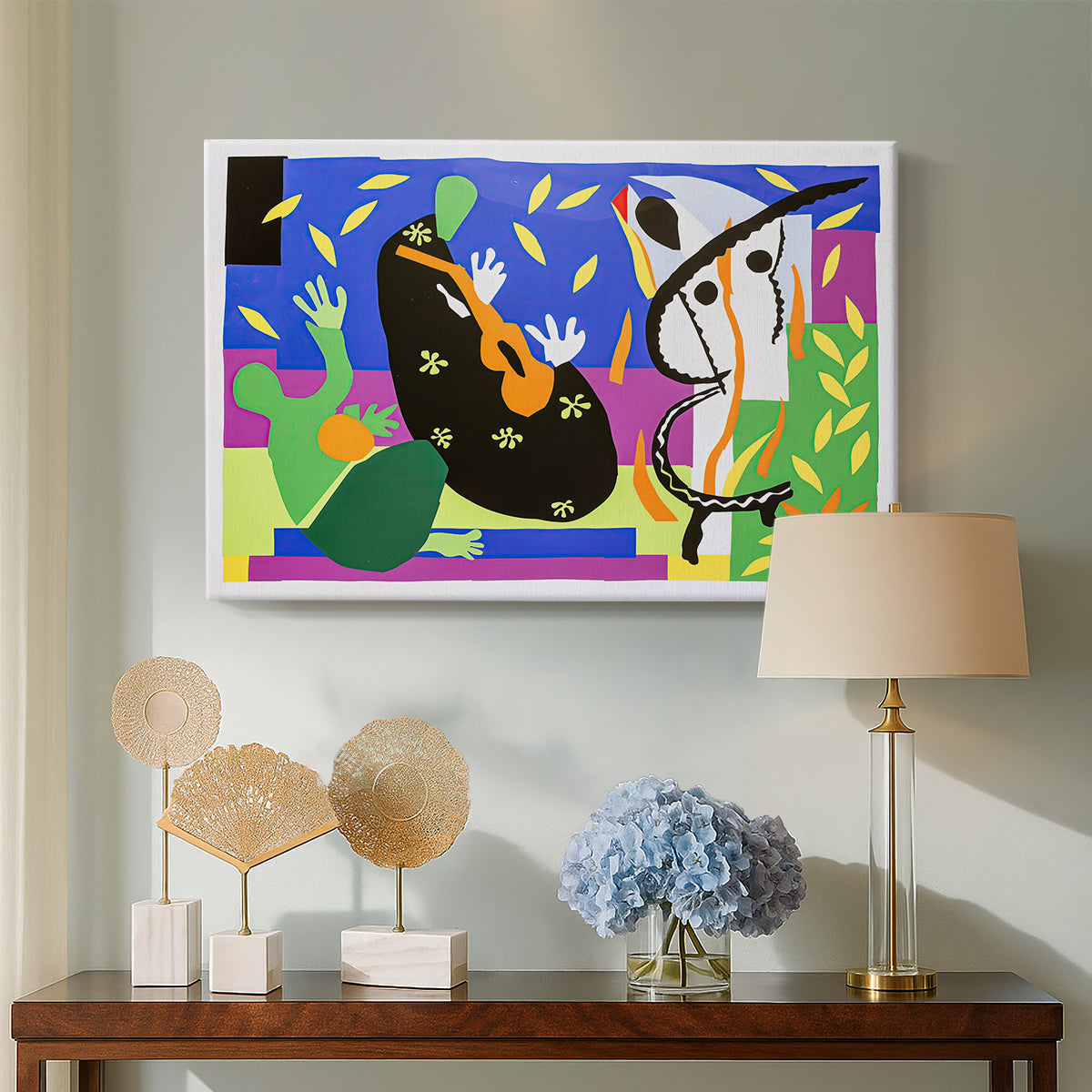 Canvas art print featuring an expressive abstract scene with musical references, displayed above a styled console table