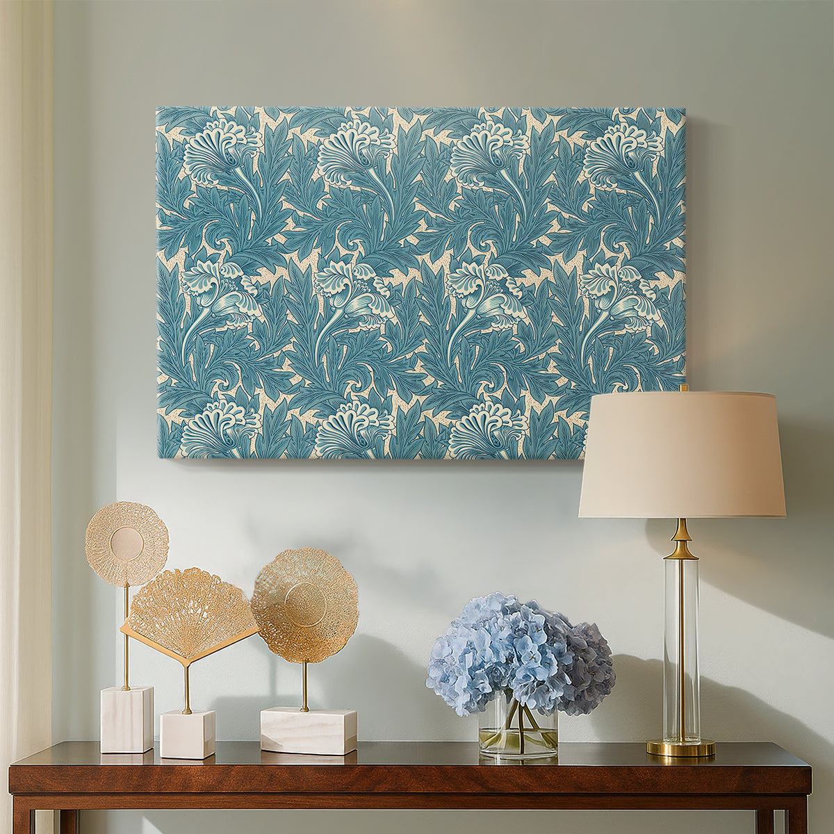 Canvas art print featuring a patterned composition with symmetrical botanical elements, displayed above a styled console table