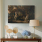 Canvas art print featuring a rural composition featuring hunter and animals, displayed above a styled console table