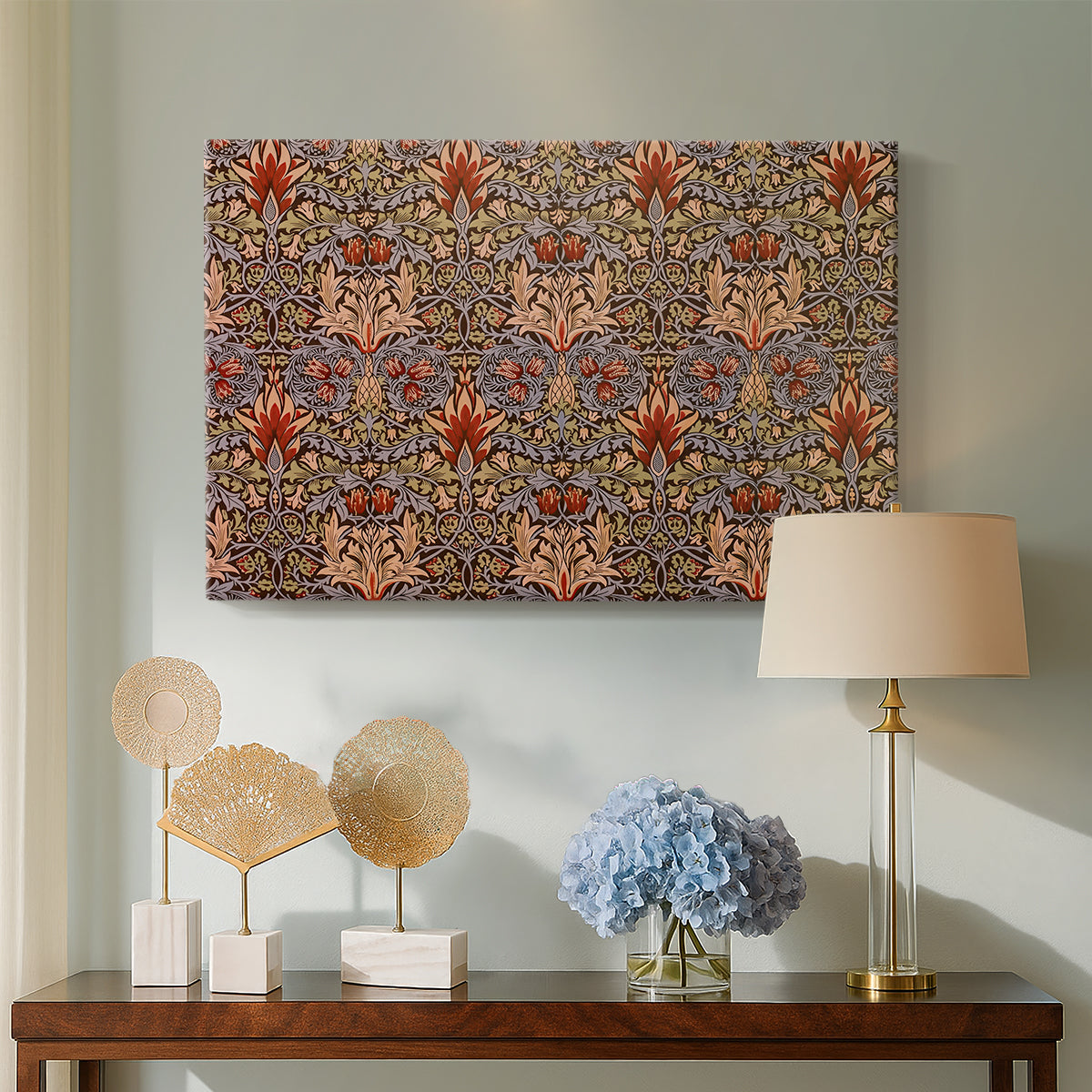 Canvas art print featuring a patterned composition with repeated blossoms and leaves, displayed above a styled console table