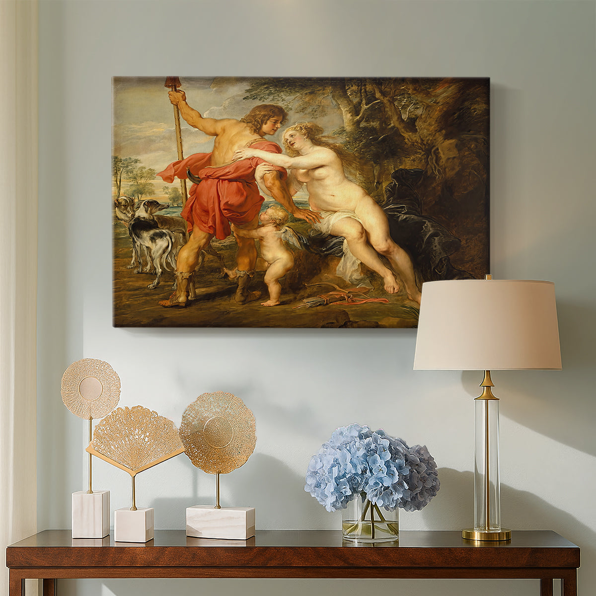 Canvas art print featuring a classical composition with entwined deity figures, displayed above a styled console table