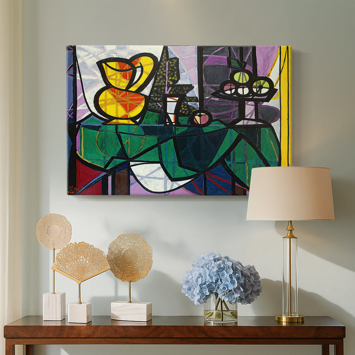 Canvas art print featuring an expressive arrangement with bold shapes, displayed above a styled console table