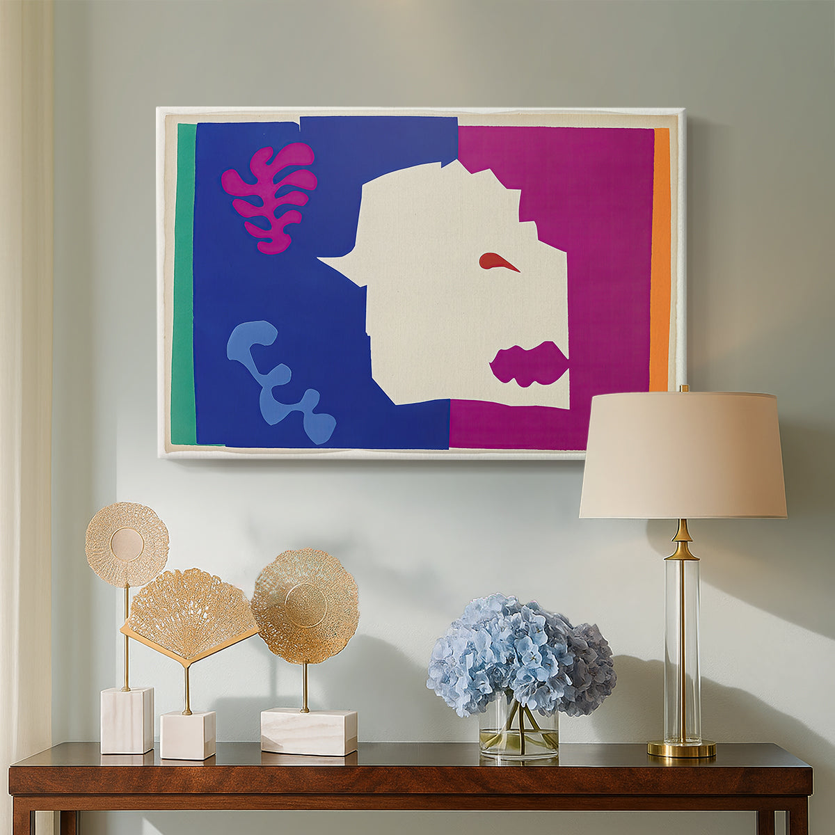 Canvas art print featuring an expressive abstract wolf form, displayed above a styled console table