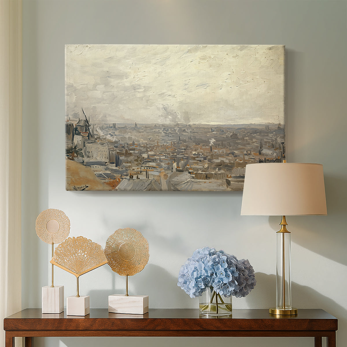 Canvas art print featuring a panoramic view of town with buildings extending into distance, displayed above a styled console table