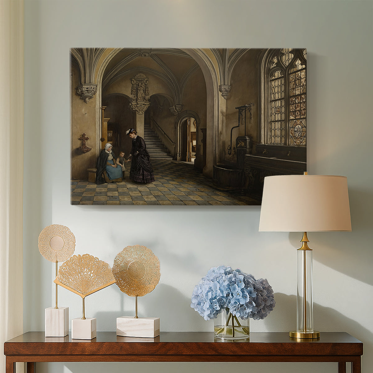 Canvas art print featuring a composition showing scale of church with people below, displayed above a styled console table