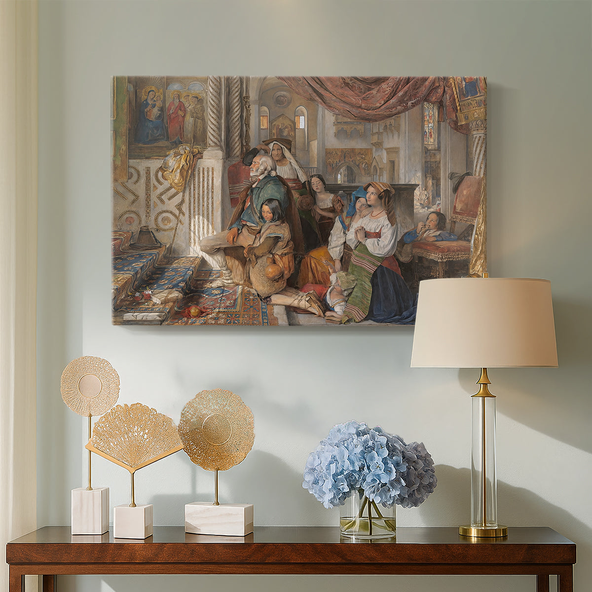 Canvas art print featuring an expressive composition with figures interacting in open space, displayed above a styled console table