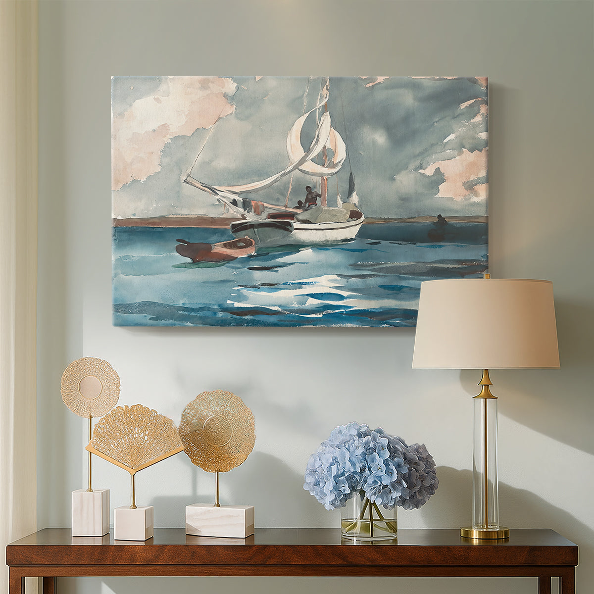 Canvas art print featuring an open water composition focused on lone vessel, displayed above a styled console table