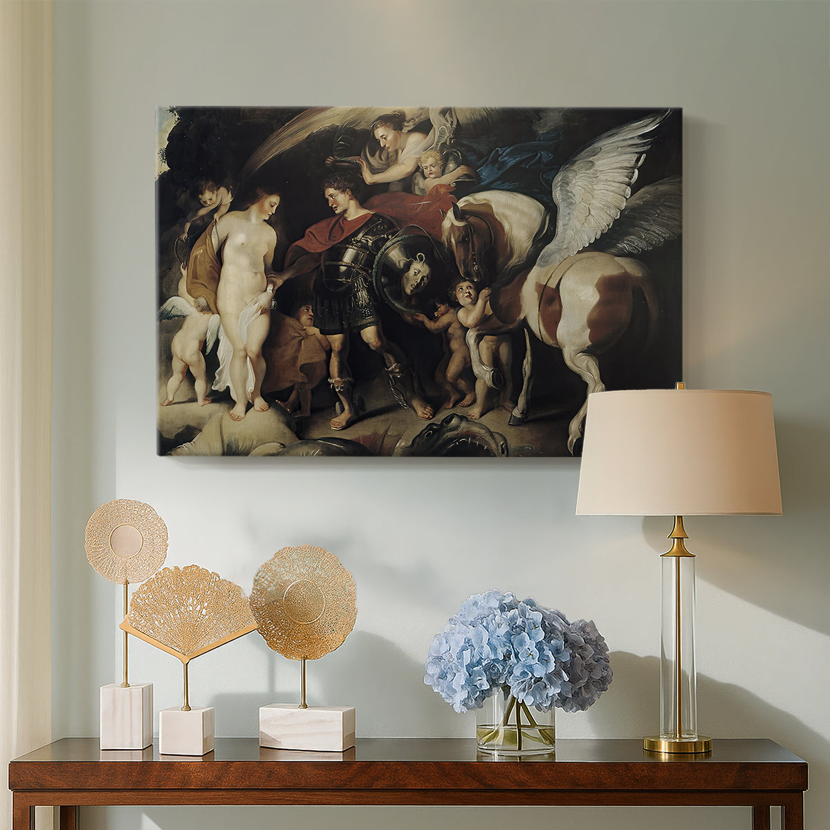Canvas art print featuring an expressive narrative scene with multiple figures and symbolism, displayed above a styled console table
