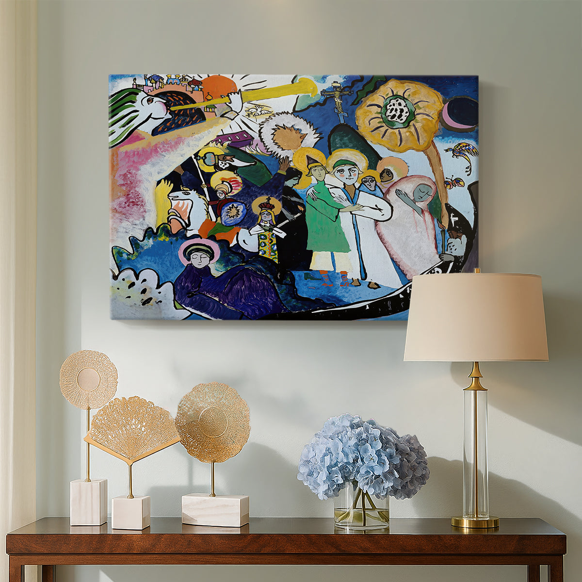 Canvas art print featuring a dynamic arrangement combining abstraction with figurative hints, displayed above a styled console table